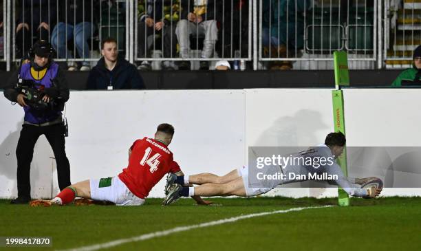 Alex Wells of England scores his side's first try during the U20 Six Nations match between England and Wales at The Recreation Ground on February 09,...