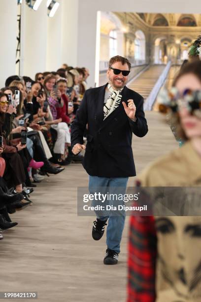 Designer Johnson Hartig walks the runway at the Libertine fashion show during New York Fashion Week The Shows at Starrett-Lehigh Building on February...