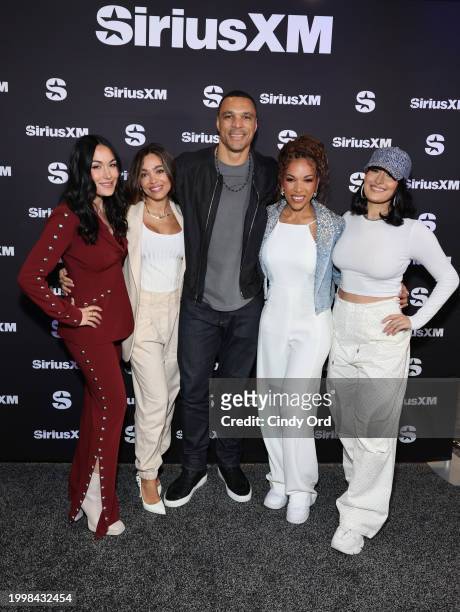 Brie Bella, October Gonzalez, Tony Gonzalez, MJ Acosta-Ruiz and Nikki Bella pose for a group photo at SiriusXM at Super Bowl LVIII on February 09,...