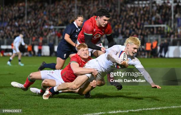 Archie McParland of England scores his side's second try during the U20 Six Nations match between England and Wales at The Recreation Ground on...