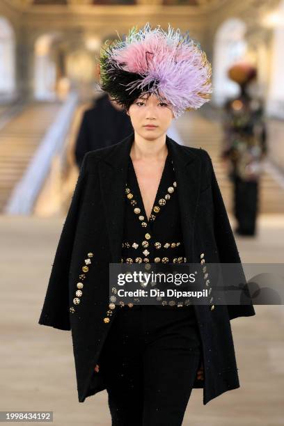Model walks the runway at the Libertine fashion show during New York Fashion Week The Shows at Starrett-Lehigh Building on February 09, 2024 in New...