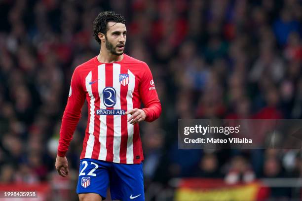Mario Hermoso of Atletico de Madrid looks on during the Copa del Rey Semi-Final first leg match between Atletico de Madrid and Athletic Club at...