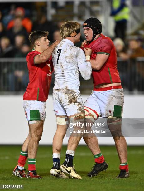 Henry Pollock of England clashes with Jonny Green of Wales during the U20 Six Nations match between England and Wales at The Recreation Ground on...