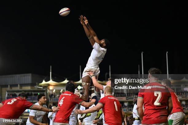 Olamide Sodeke of England rises to claim the lineout during the U20 Six Nations match between England and Wales at The Recreation Ground on February...