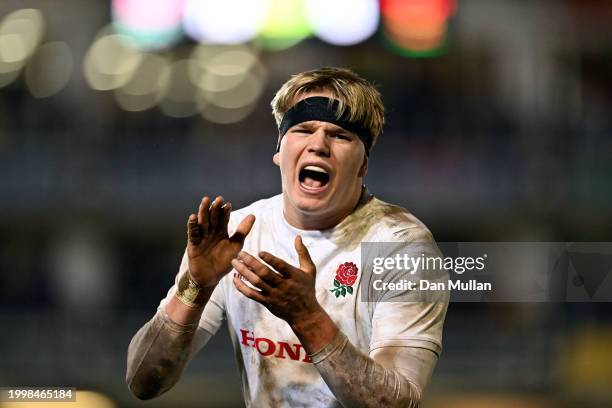 Henry Pollock of England shouts encouragement to his team mates during the U20 Six Nations match between England and Wales at The Recreation Ground...