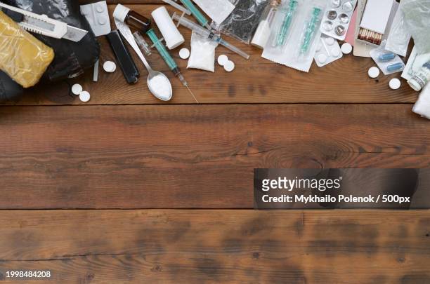close-up of various objects on table - buprenorphine stock pictures, royalty-free photos & images