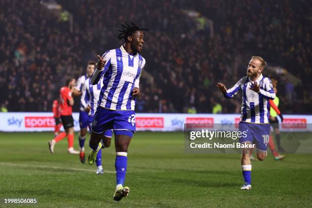 Ike Ugbo of Sheffield Wednesday celebrates the team's first goal during the Sky Bet Championship match between Sheffield Wednesday and Birmingham...