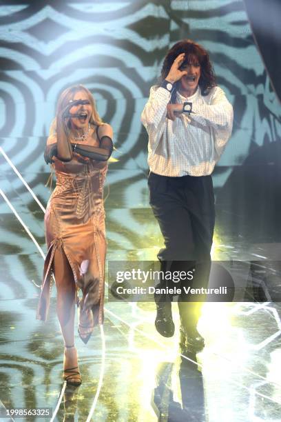 Lorella Cuccarini and Fiorello attend the 74th Sanremo Music Festival 2024 at Teatro Ariston on February 09, 2024 in Sanremo, Italy.