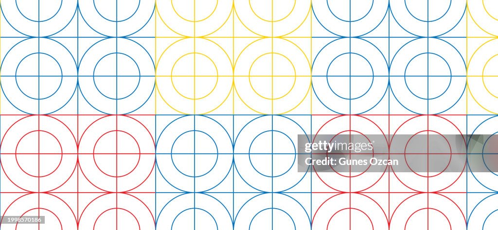 抽象的な 2D 幾何学模様、幾何学的な背景、ループ、円、円形、ループ可能な要素、シームレスな背景、フラット ライン アート イラスト