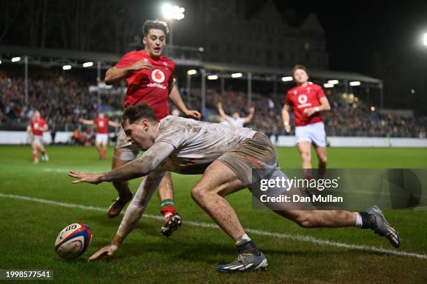 Alex Wells of England drops the ball over the try line during the U20 Six Nations match between England and Wales at The Recreation Ground on...