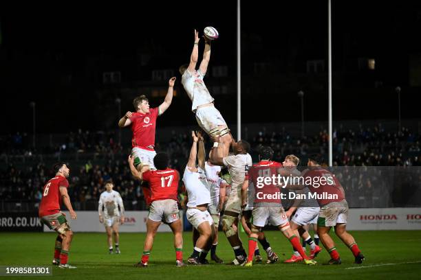 Finn Carnduff of England rises to claim the lineout during the U20 Six Nations match between England and Wales at The Recreation Ground on February...