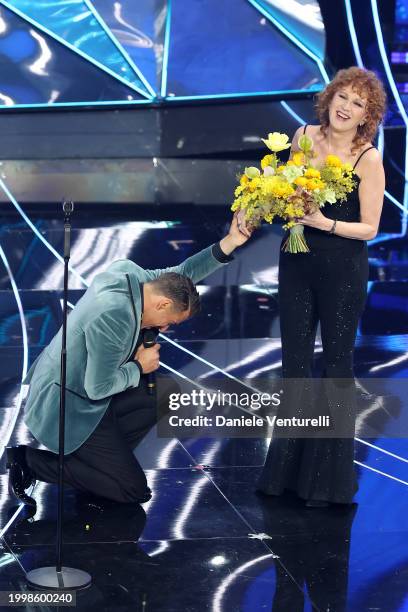 Francesco Gabbani and Fiorella Mannoia attend the 74th Sanremo Music Festival 2024 at Teatro Ariston on February 09, 2024 in Sanremo, Italy.