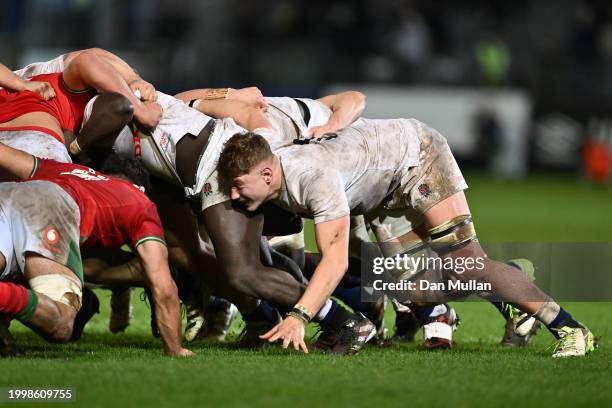 Finn Carnduff of England scrummages during the U20 Six Nations match between England and Wales at The Recreation Ground on February 09, 2024 in Bath,...