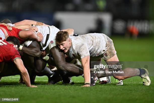 Finn Carnduff of England scrummages during the U20 Six Nations match between England and Wales at The Recreation Ground on February 09, 2024 in Bath,...