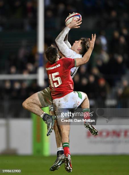 Ioan Jones of England competes for the high ball with Huw Anderson of Wales during the U20 Six Nations match between England and Wales at The...