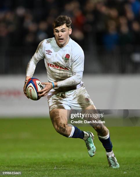 Ioan Jones of England makes a break during the U20 Six Nations match between England and Wales at The Recreation Ground on February 09, 2024 in Bath,...