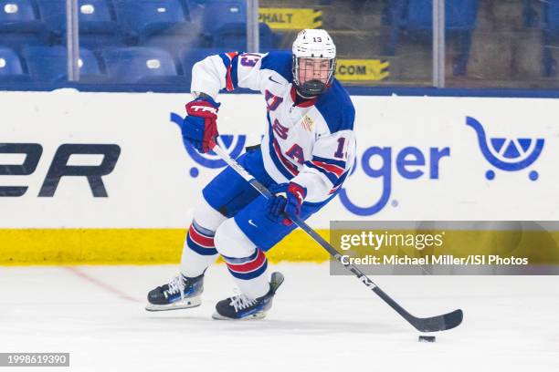 Sam Laurila of Team USA skates with the puck during U18 Five Nations Tournament between Team Switzerland and Team USA at USA Hockey Arena on February...