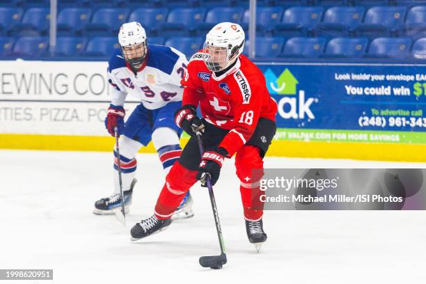 Robin Antenen of Team Switzerland skates with the puck during U18 Five Nations Tournament between Team Switzerland and Team USA at USA Hockey Arena...