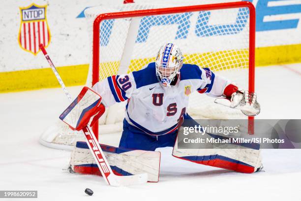 Jack Parsons of Team USA makes a save during U18 Five Nations Tournament between Team Switzerland and Team USA at USA Hockey Arena on February 6,...