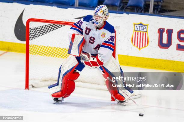 Jack Parsons of Team USA clears the puck during U18 Five Nations Tournament between Team Switzerland and Team USA at USA Hockey Arena on February 6,...