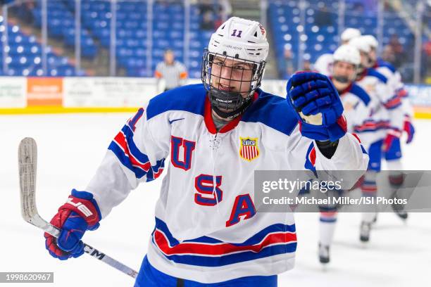 Kamil Bednarik of Team USA celebrates his goal while skating to the bench during U18 Five Nations Tournament between Team Switzerland and Team USA at...