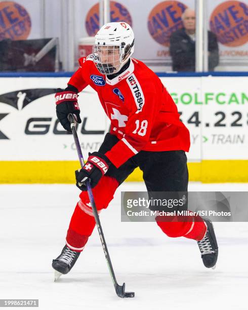 Robin Antenen of Team Switzerland skates with the puck during U18 Five Nations Tournament between Team Switzerland and Team USA at USA Hockey Arena...