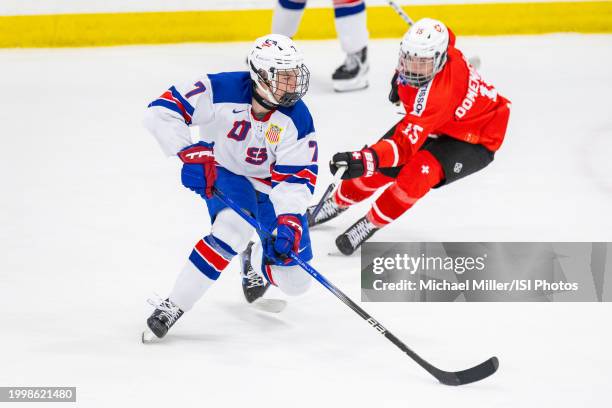 Dakoda Rheaume-Mullen of Team USA skates with puck around Leonardo Domenichelli of Team Switzerland during U18 Five Nations Tournament between Team...