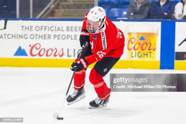 Danill Ustinkov of Team Switzerland skates with the puck during U18 Five Nations Tournament between Team Switzerland and Team USA at USA Hockey Arena...
