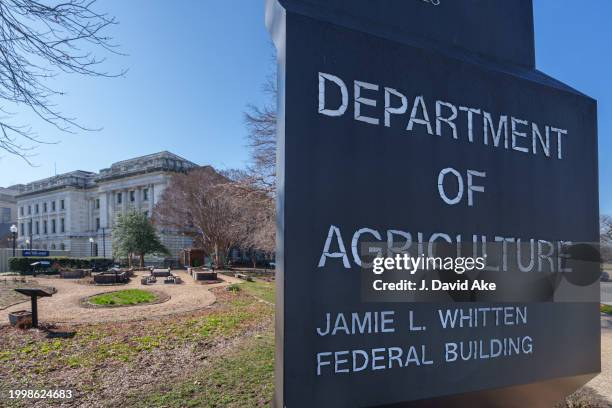 The US Department of Agriculture headquarters is seen behind the sign marking the location of the complex on February 9 in Washington, DC.