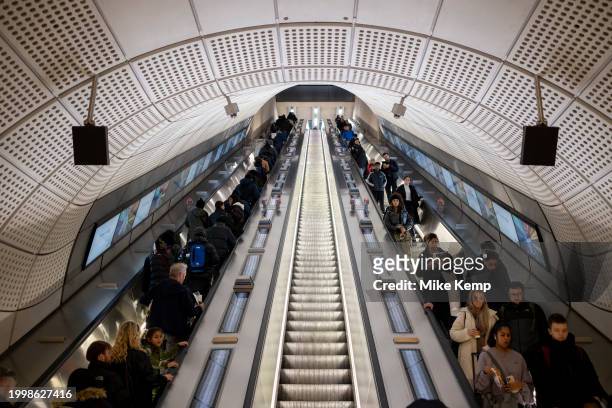 Escalators in the new Elizabeth Line station at Whitechapel on 9th February 2024 in London, United Kingdom. Crossrail is a railway construction...