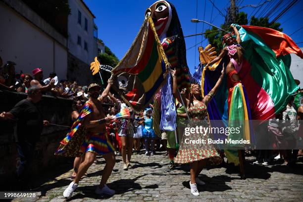 Revellers attend the Carmelitas street party on the first day of Carnival in Rio de Janeiro on February 09, 2024 in Rio de Janeiro, Brazil.