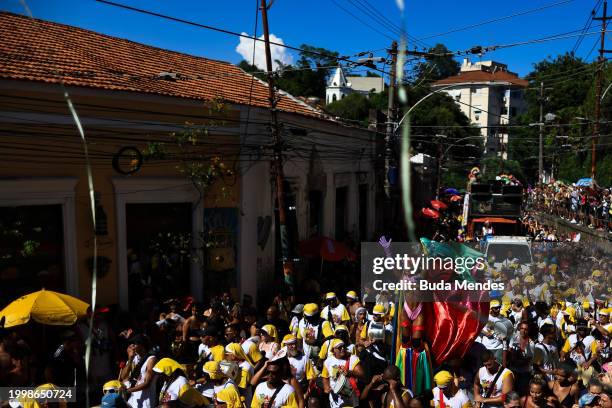 Revellers attend the Carmelitas street party on the first day of Carnival in Rio de Janeiro on February 09, 2024 in Rio de Janeiro, Brazil.