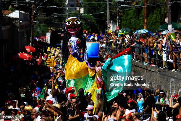 Revellers attend the Carmelitas street party on the first day of Carnival in Rio de Janeiro on February 09, 2024 in Rio de Janeiro, Brazil.