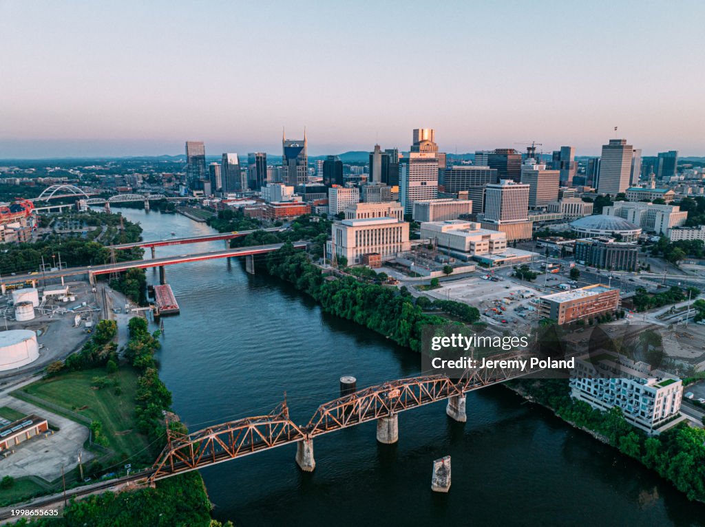 North Side Aerial View of Downtown Nashville, Tennessee on a Sunny Autumn Evening from the North Side of the Cumberland River