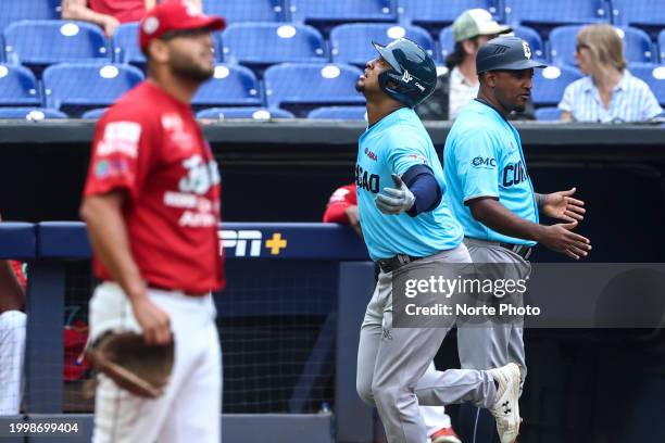 Jonathan Schoop of Curacao celebrates home run in the third inning, during a game between Curazao and Panama at loanDepot park as part of Series del...