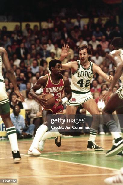 Calvin Murphy of the Houston Rockets drives against the Boston Celtics during Game Two of the 1981 NBA Finals at the Boston Garden in Boston,...