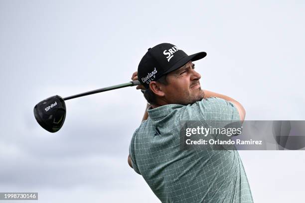 Andrew Novak of the United States plays his shot from the tenth tee during the second round of the WM Phoenix Open at TPC Scottsdale on February 09,...