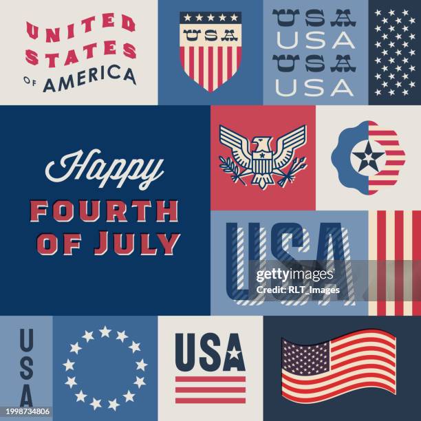 stockillustraties, clipart, cartoons en iconen met usa stars and stripes collage with happy fourth of july message - vaderlandsliefde