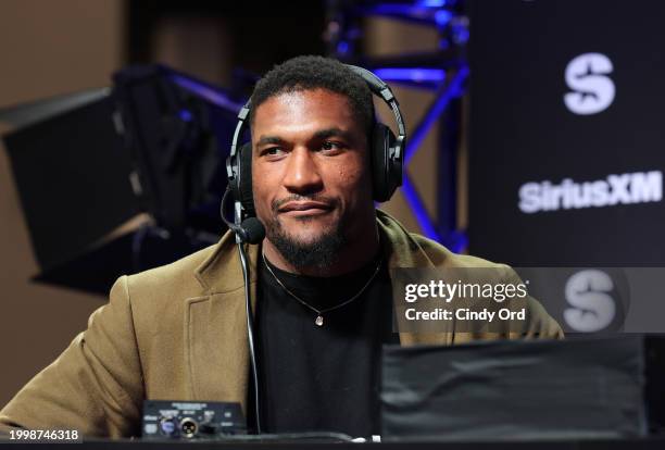 Larry English speaks on SiriusXM at Super Bowl LVIII on February 09, 2024 in Las Vegas, Nevada.