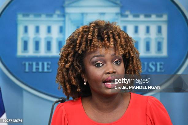 White House Press Secretary Karine Jean-Pierre speaks during the daily press briefing in the Brady Press Briefing Room of the White House in...