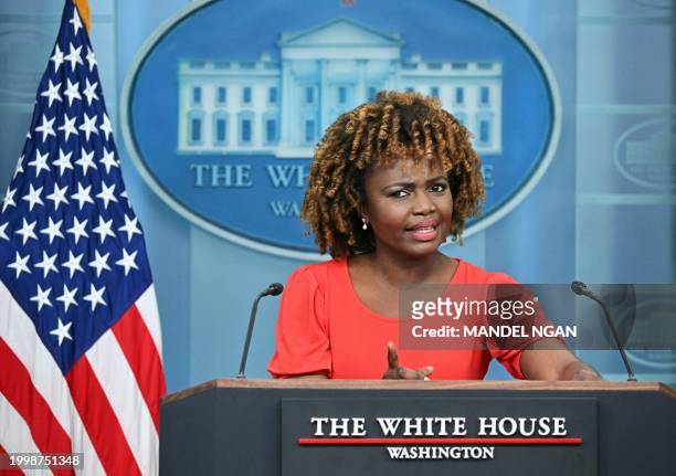 White House Press Secretary Karine Jean-Pierre speaks during the daily press briefing in the Brady Press Briefing Room of the White House in...