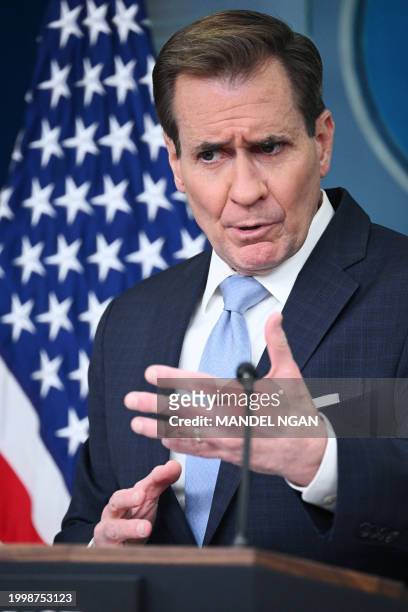 National Security Council spokesman John Kirby speaks during the daily press briefing in the Brady Press Briefing Room of the White House in...