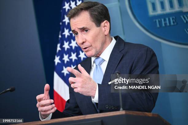 National Security Council spokesman John Kirby speaks during the daily press briefing in the Brady Press Briefing Room of the White House in...