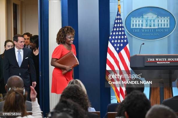 White House Press Karine Jean-Pierre and US National Security Council Coordinator for Strategic Communications John Kirby arrive for the daily...