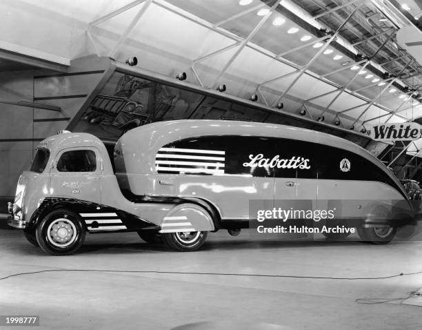 View of a streamlined Art Deco-style Labatt's beer delivery truck, 1930s.