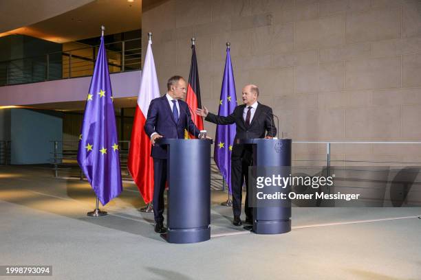 German Chancellor Olaf Scholz and Polish Prime Minister Donald Tusk attend a joint press conference at the Chancellery on February 12, 2024 in...