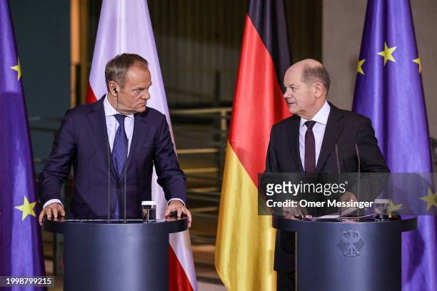 German Chancellor Olaf Scholz and Polish Prime Minister Donald Tusk attend a joint press conference at the Chancellery on February 12, 2024 in...