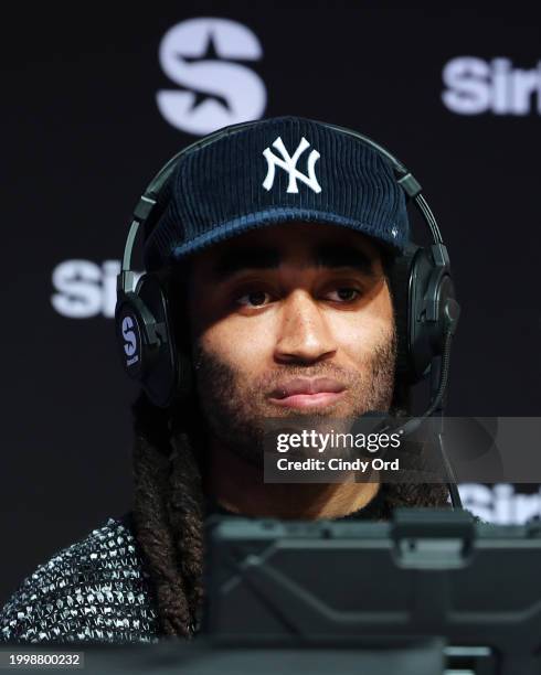 Stephon Gilmore speaks on SiriusXM at Super Bowl LVIII on February 09, 2024 in Las Vegas, Nevada.