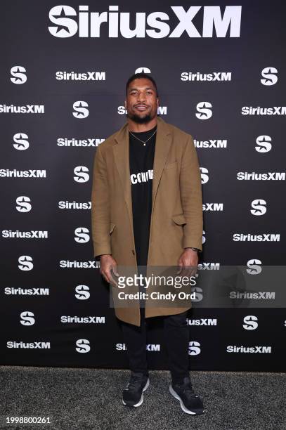 Larry English visits with SiriusXM at Super Bowl LVIII on February 09, 2024 in Las Vegas, Nevada.