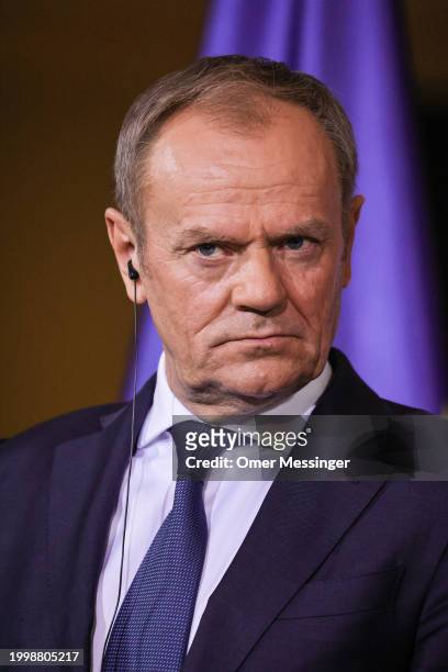 Polish Prime Minister Donald Tusk during a joint press conference with German Chancellor Olaf Scholz and at the Chancellery on February 12, 2024 in...